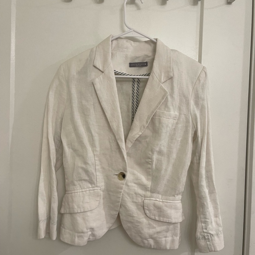 Olivia Moon White Classic Business Minimalist Linen-Blend Single-Button Blazer